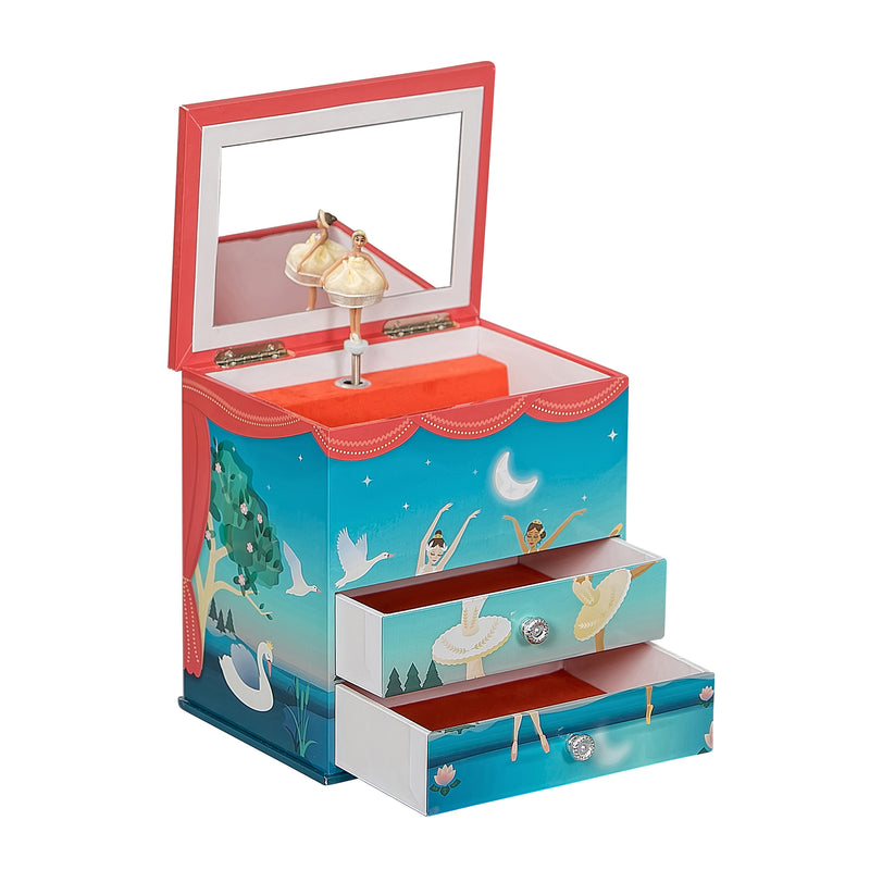 Mele & Co. musical ballerina jewelry box with teal drawers, open lid and standing figurine.