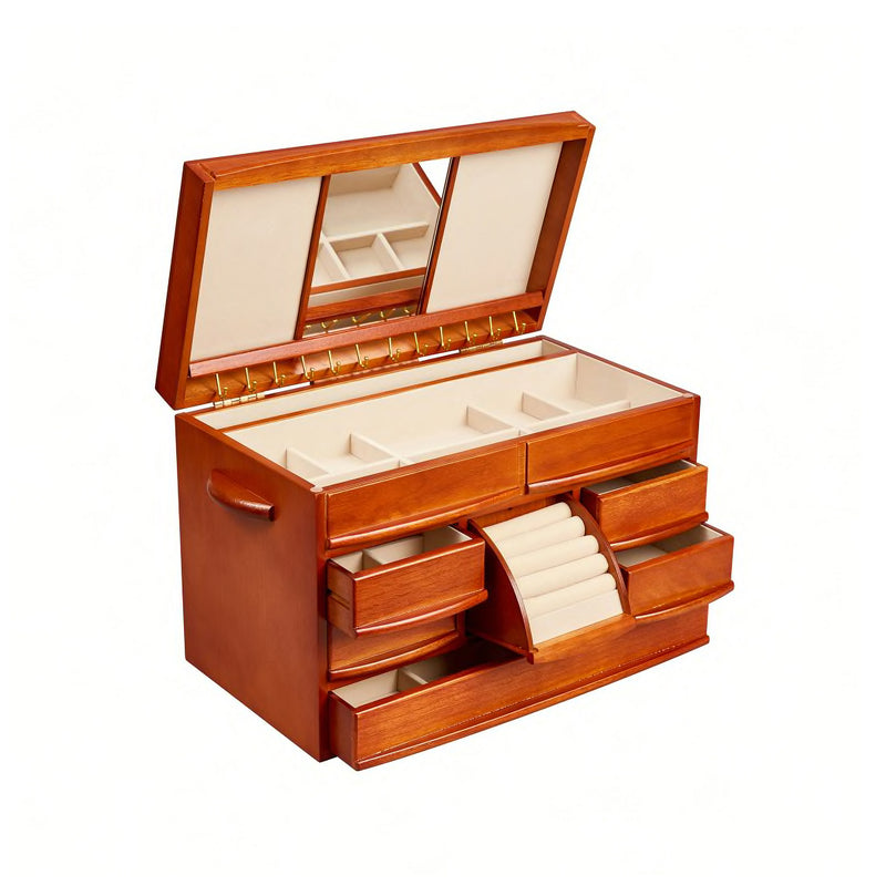 Mele & Co. Empress walnut-finish wooden jewelry box with open lid, ring slots, and drawers