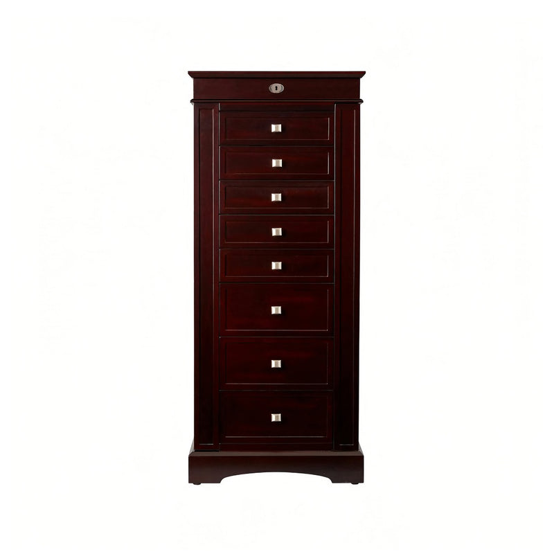 Mele & Co. dark walnut-finish jewelry armoire, closed front with stacked drawers