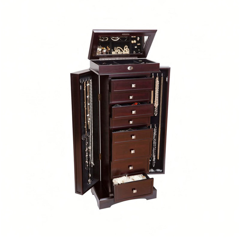 Mele & Co. dark walnut jewelry armoire, open doors with hanging bars and trays