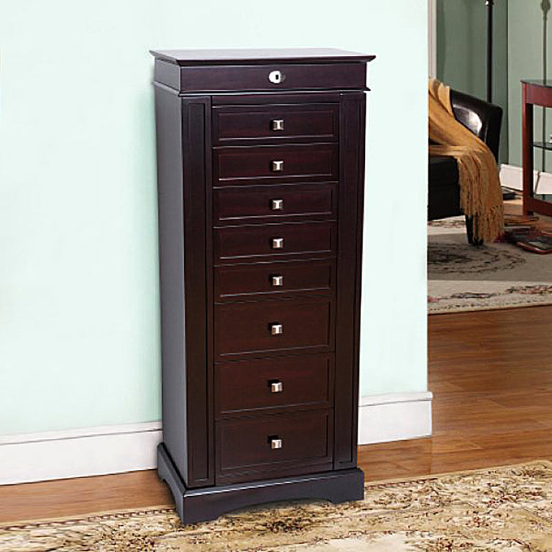 Mele & Co. dark walnut-finish jewelry armoire standing upright with drawer fronts