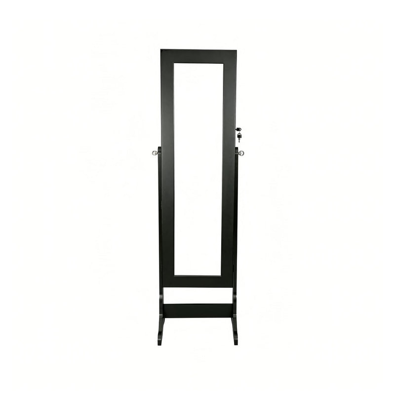 Black jewelry armoire with full-length mirror and side handles, freestanding