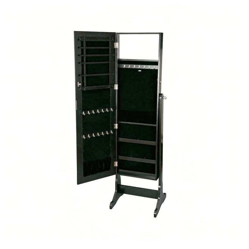 Black jewelry armoire open, showing tiered storage shelves and hanging jewelry rods