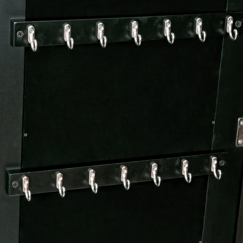 Black velvet jewelry armoire panel with chrome hooks for hanging earrings and chains