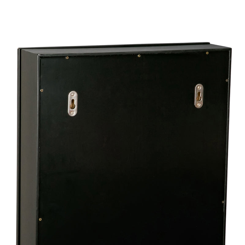 Black jewelry armoire back panel with two metal latch plates