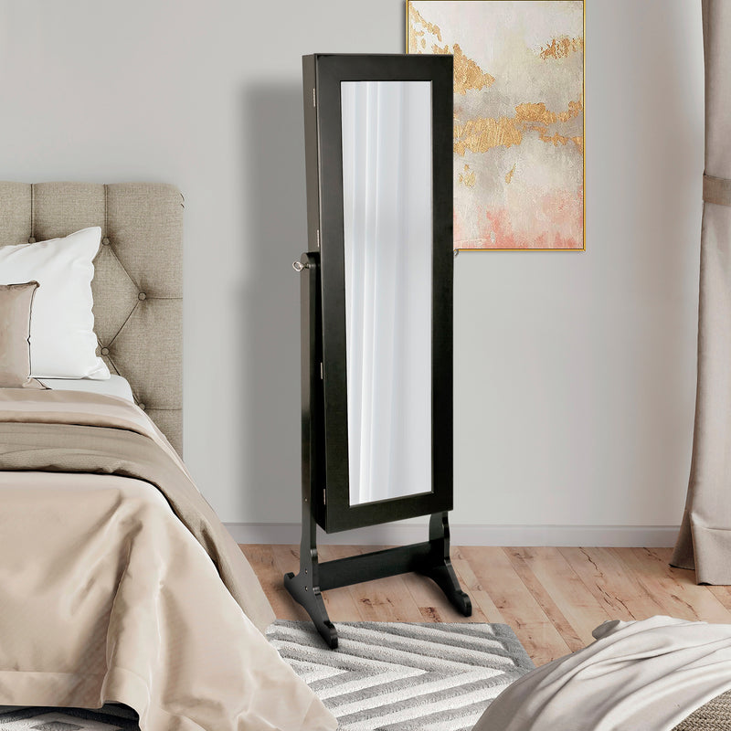 Black jewelry armoire with tall full-length mirror, freestanding on legs