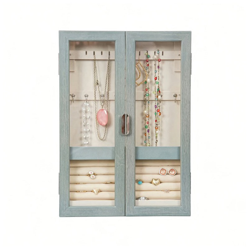 Gray-finish jewelry cabinet with open doors showing necklaces, bracelets, and ring slots
