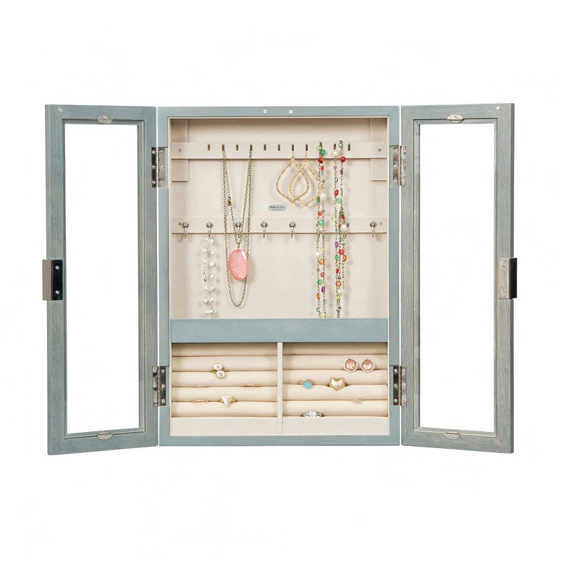 Gray-finish hanging jewelry cabinet with open doors and organized necklace, bracelet, and ring storage