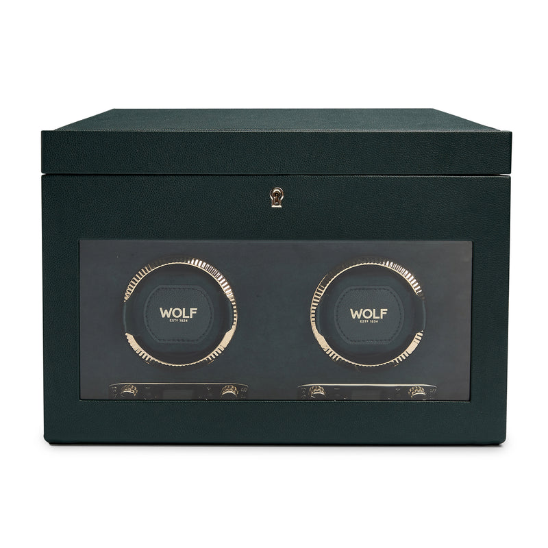 WOLF two-module watch winder in British racing green vegan leather, front window with two rotors