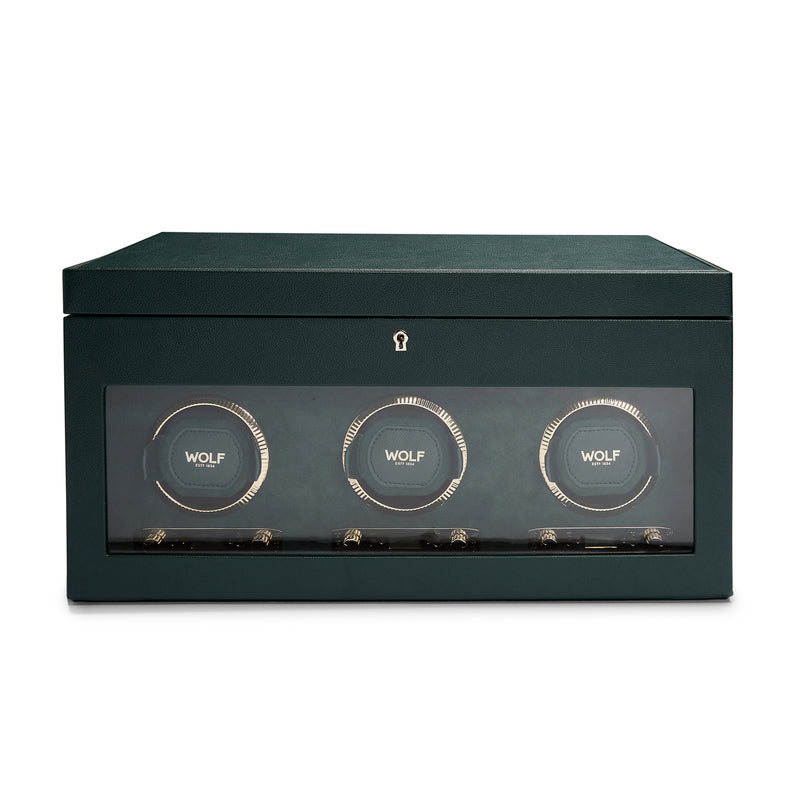 Three-module watch winder in dark green with clear window and three WOLF display dials