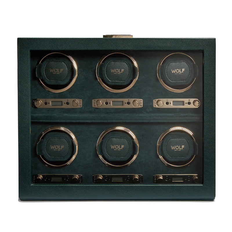 Six-module watch winder in dark green vegan leather with six circular winding compartments