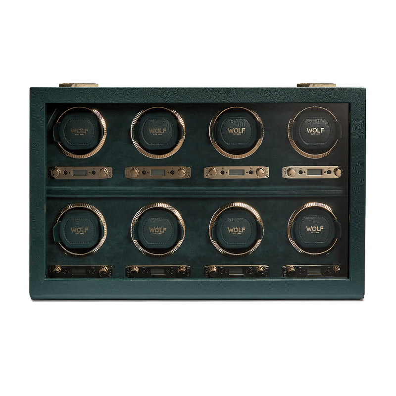 Green eight module vegan leather watch winder with 8 round winders