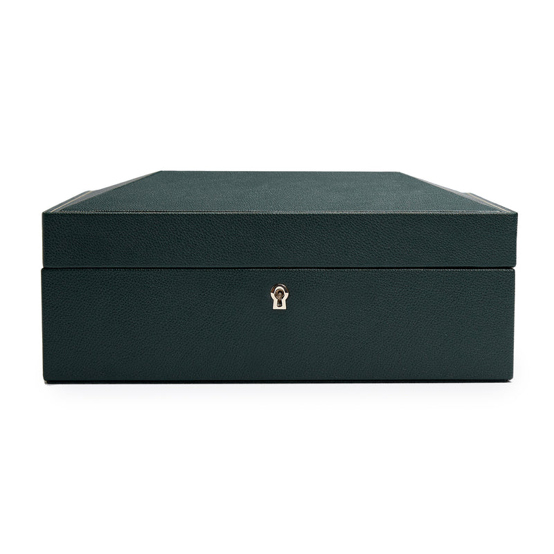 WOLF British Racing green vegan leather eight-module watch box with front keyhole latch