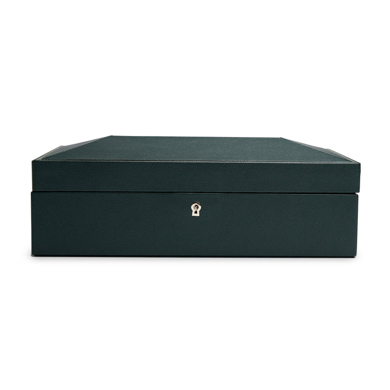 Green vegan leather watch box with hinged lid and keyhole emblem