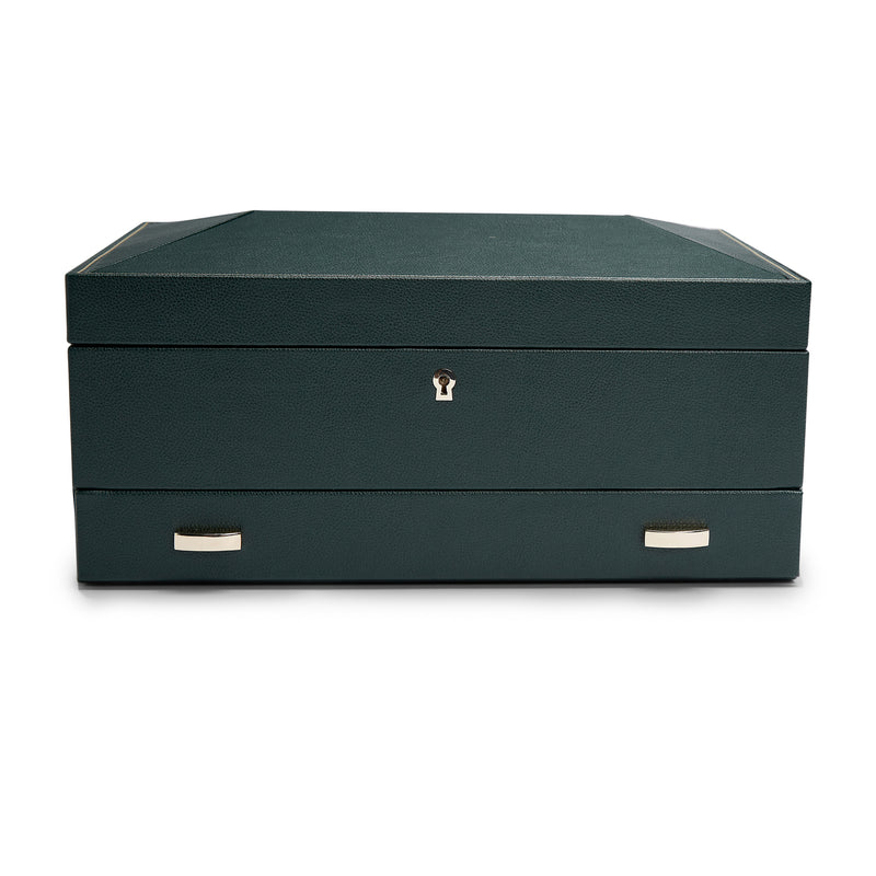 WOLF green vegan leather watch box with hinged lid and front storage drawer
