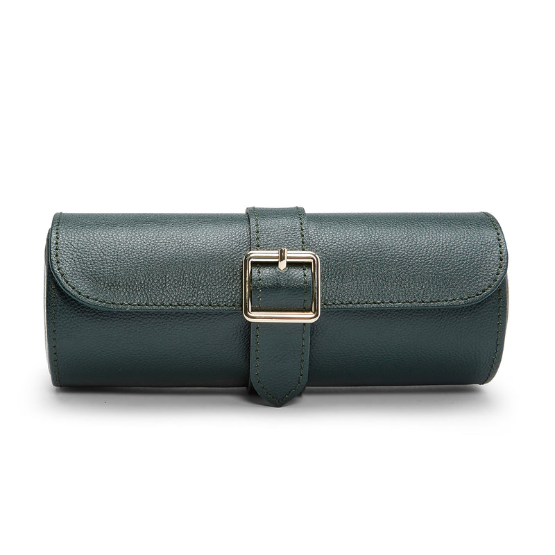 Dark green vegan leather three-module watch roll with gold-tone buckle and wrap strap