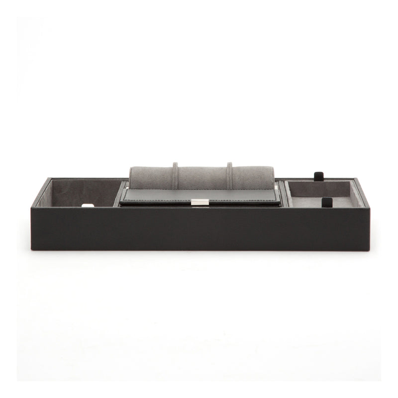 Black faux leather valet tray with divided compartments and fabric pad