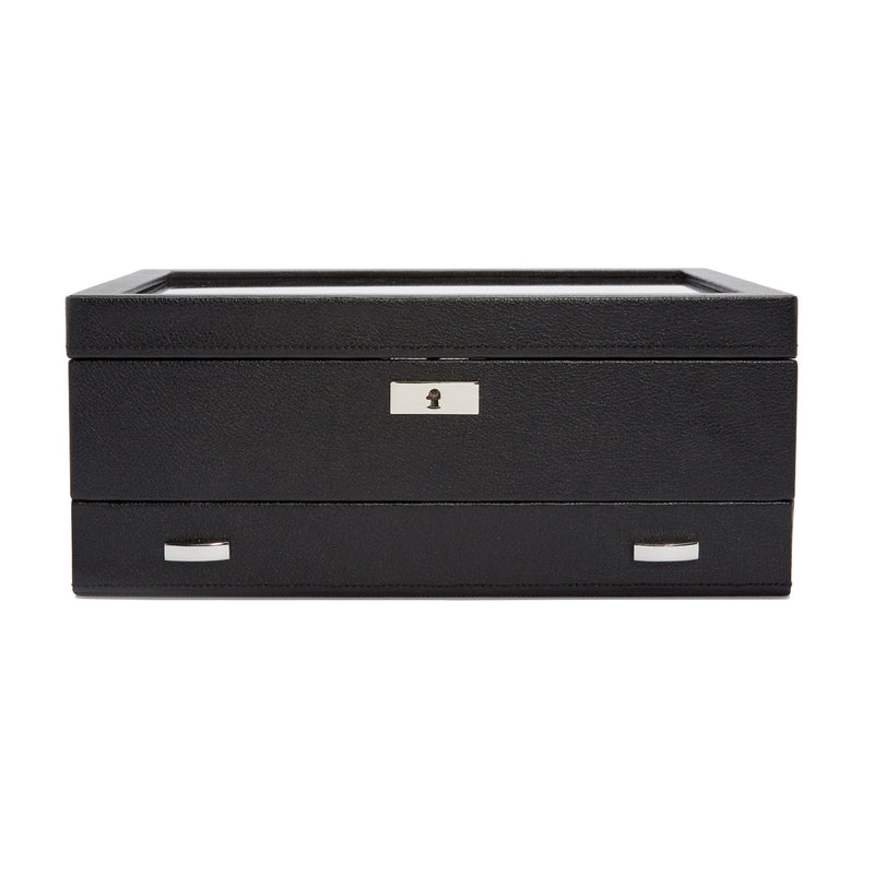Black vegan leather watch box with drawer and metal emblem