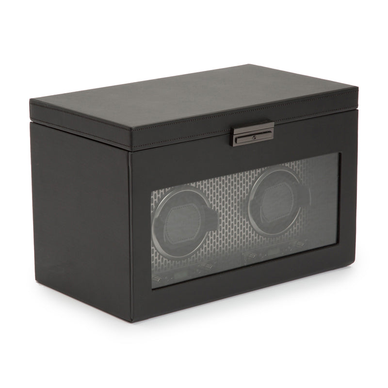 Black powder-coated two-module watch winder with centered latch on top, side view