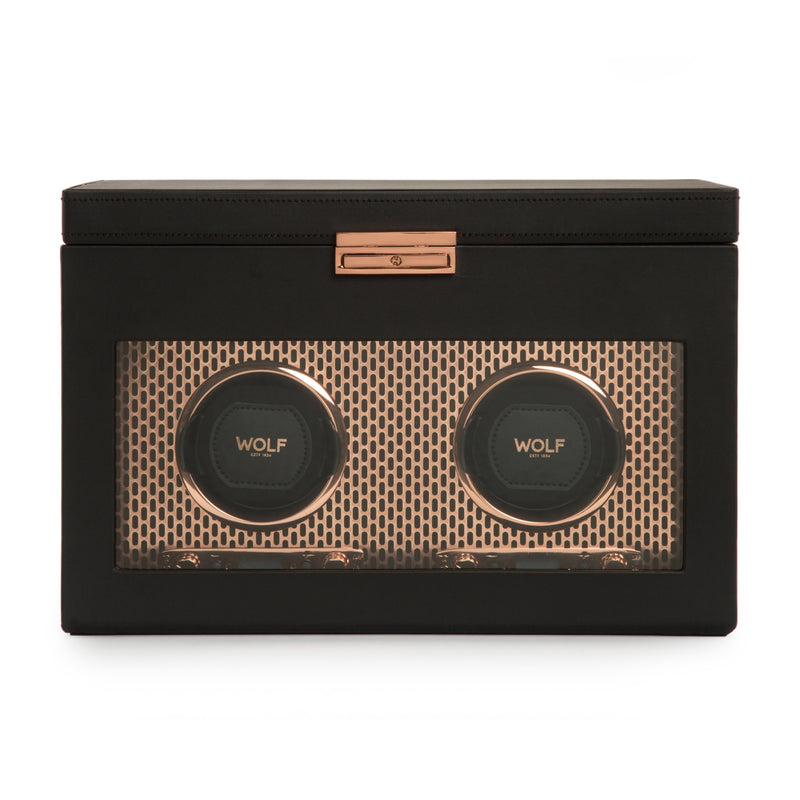 Two-module watch winder with storage, black box with copper front and two circular WOLF pads