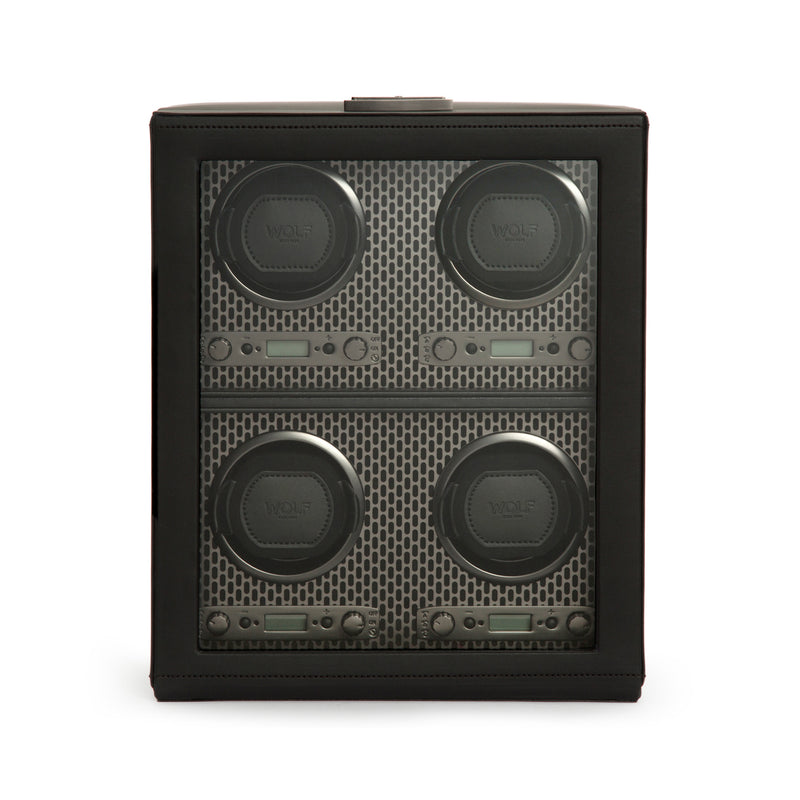 WOLF Axis four-module watch winder, black textured front with four circular modules