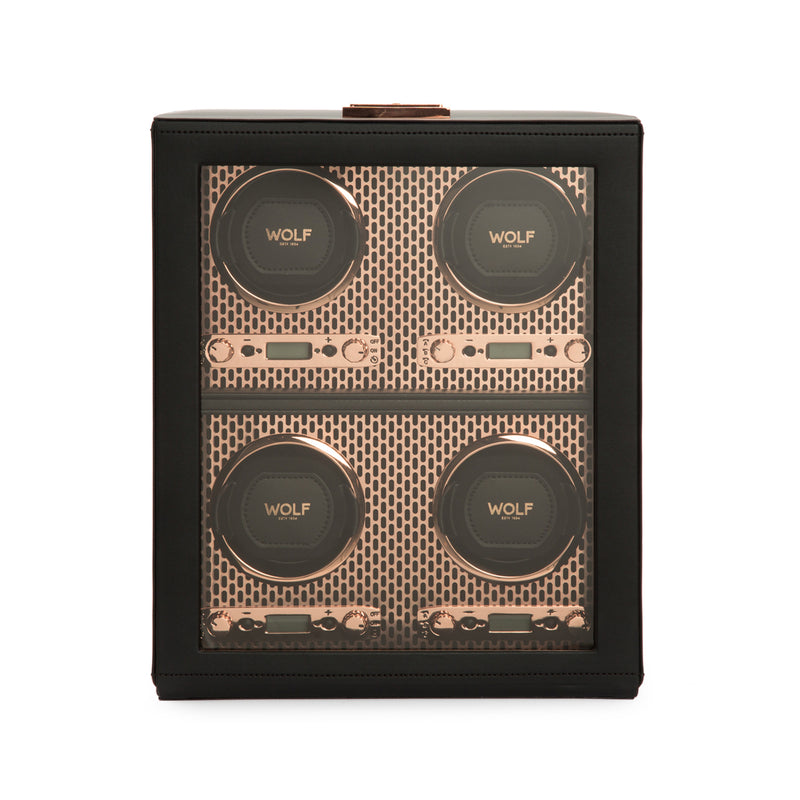 Copper four-module watch winder with four circular winder dials on front panel