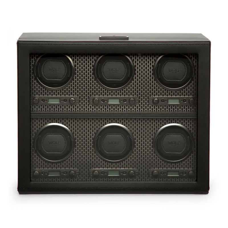 Powder-coated steel watch winder with six rotating modules, dark textured front panel