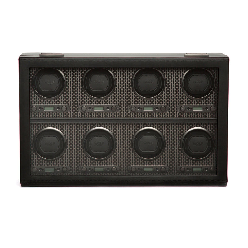 Eight-module watch winder, dark textured front with eight round module dials