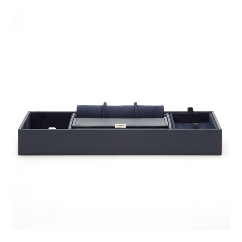 Navy faux leather valet tray with divided slots for keys and cards