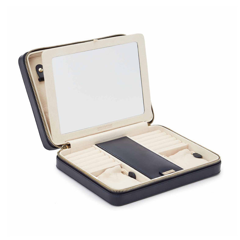Navy leather large zip jewelry case with open compartments and snap holders