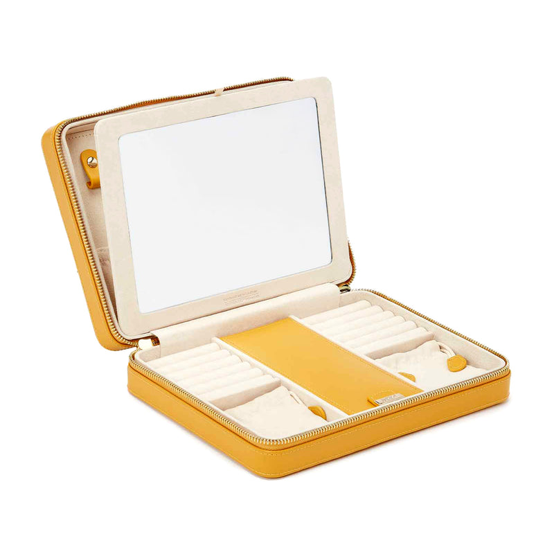Large yellow leather jewelry zip case, open with cushioned compartments and tray