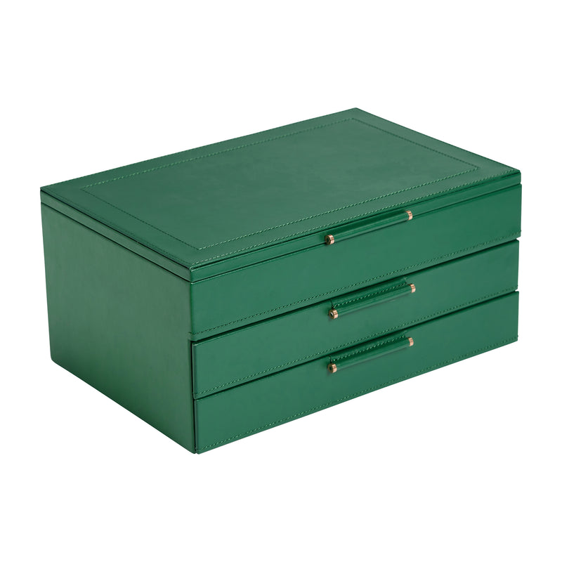 Forest green leather jewelry box with hinged lid and three front drawers
