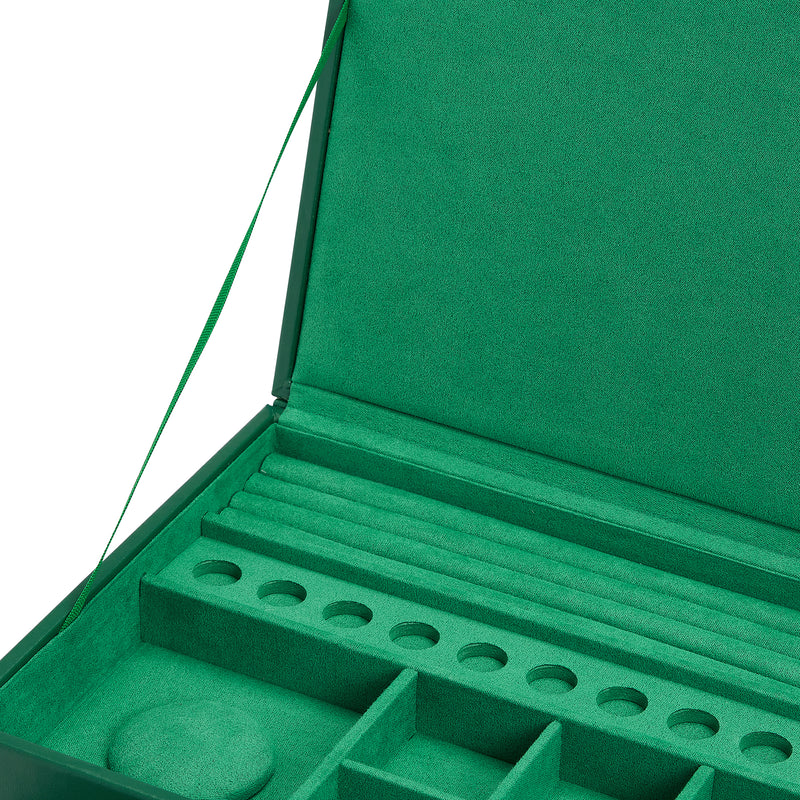 Forest green leather jewelry box interior with lined base and long divider slots