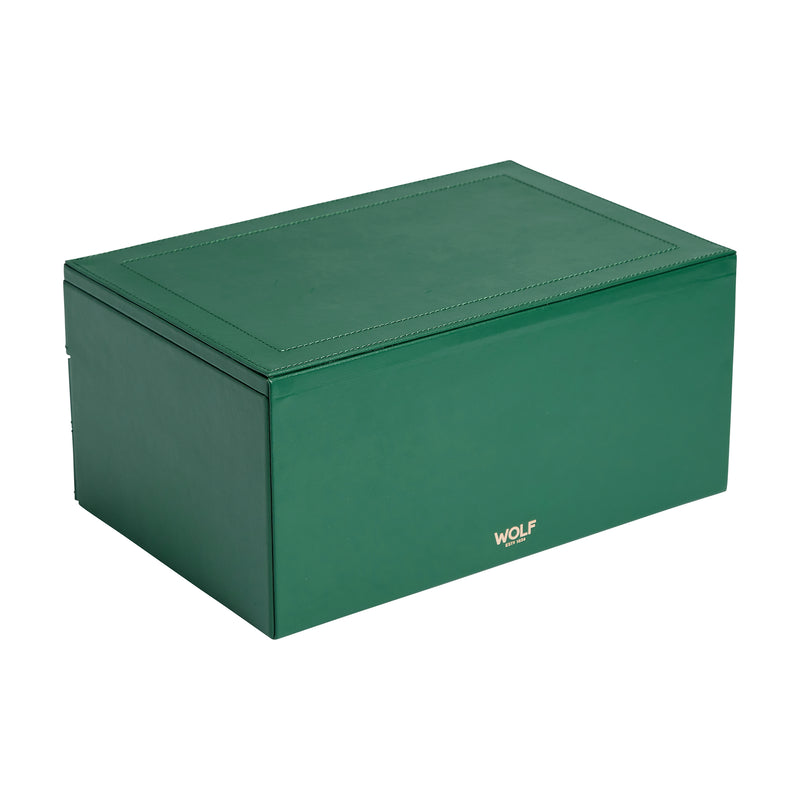 Forest green leather jewelry box with WOLF logo on the front panel