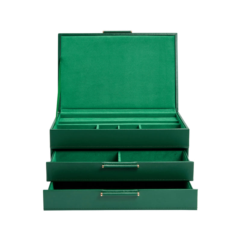 Forest green leather jewelry box with open lid, ring slots, and drawer compartments