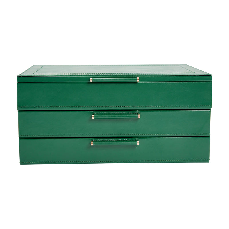 Forest green leather jewelry box with three drawers and metal pull handles