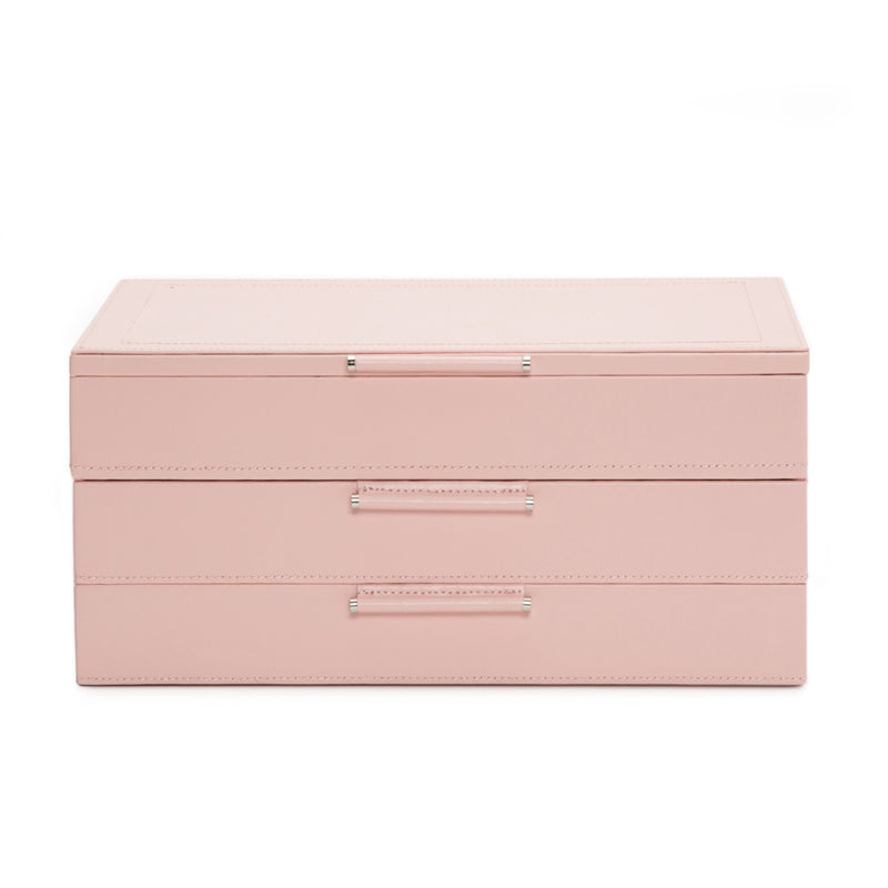 Rose quartz pink leather jewelry box with silver-tone latches and double drawers