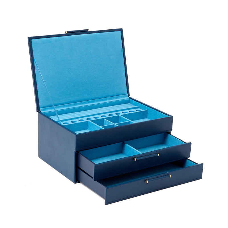 WOLF Sophia indigo leather jewelry box with open lid and drawer organizers, blue interior