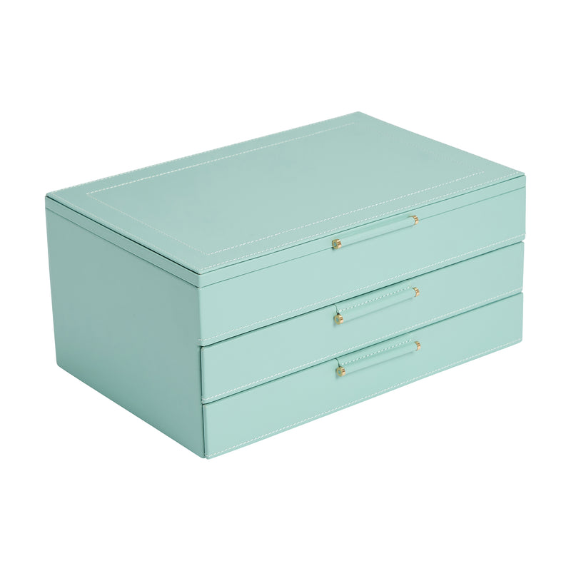 Jade green leather jewelry box with three drawers and gold-tone pulls