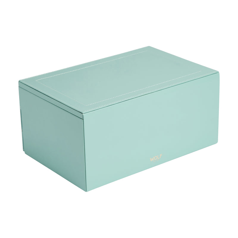 Jade green leather jewelry box with gold WOLF logo on front