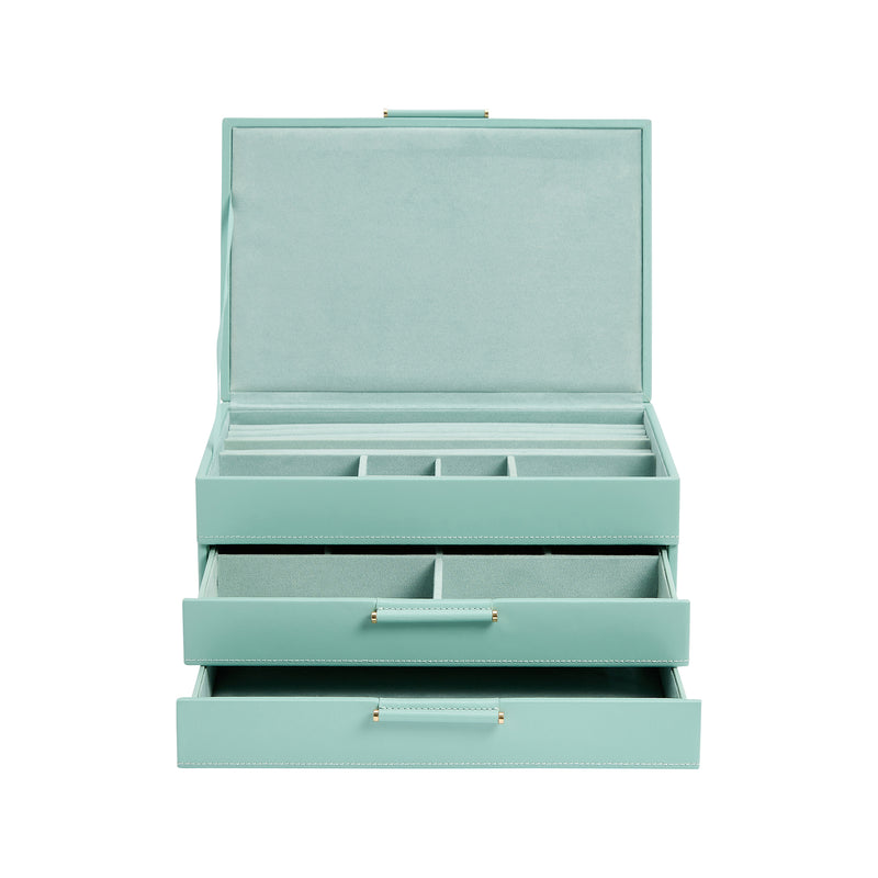 Open jade green leather jewelry box with drawer inserts and dividers