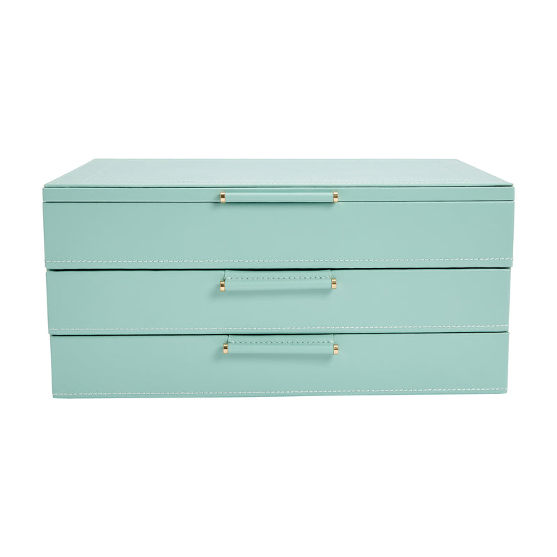 Jade green leather jewelry box with three front drawers and gold pulls