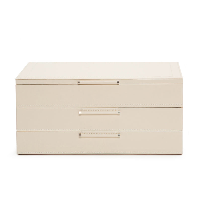 WOLF Sophia ivory leather jewelry box with two front drawers and silver bar accents
