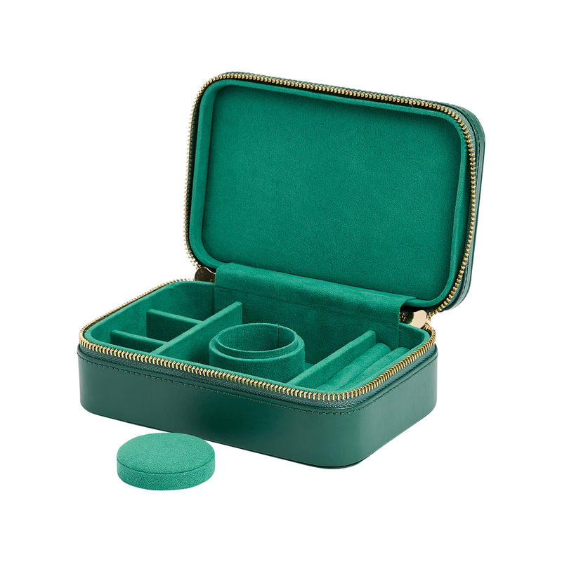Forest green leather jewelry zip case with open compartments and round insert