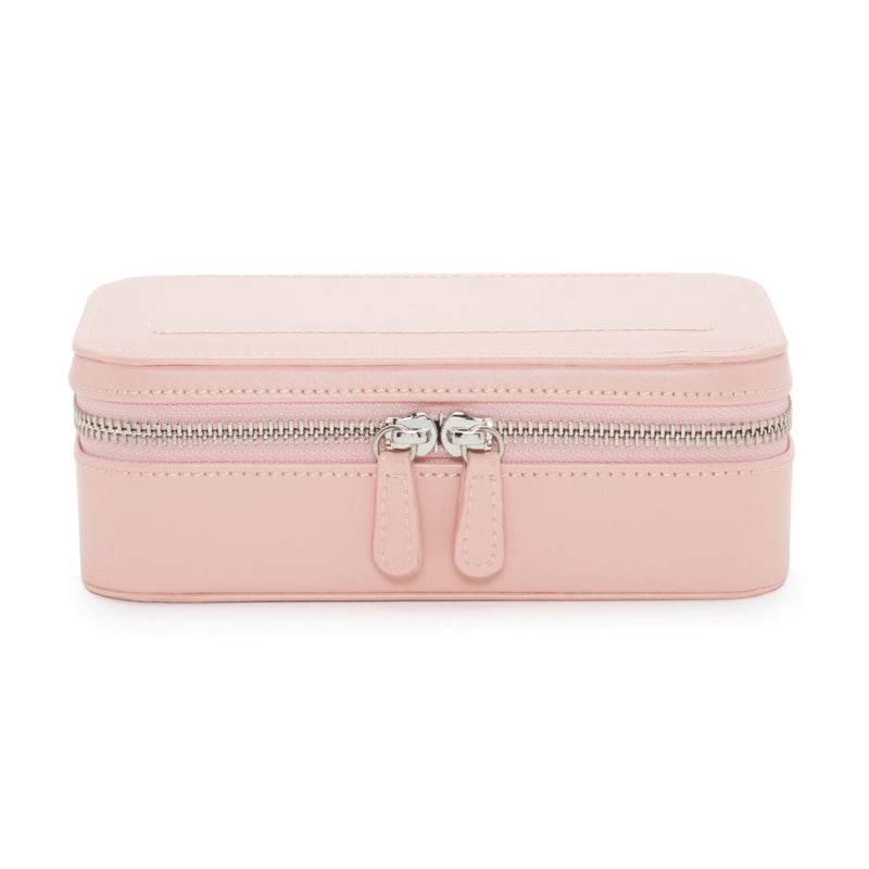 Rose quartz leather jewelry zip case with double pull tabs, rectangular hinged top
