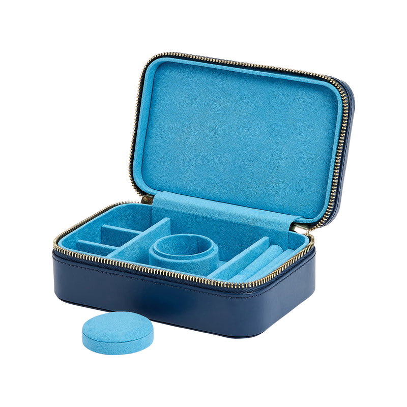 WOLF indigo leather jewelry zip case, open with molded compartments and turquoise lining