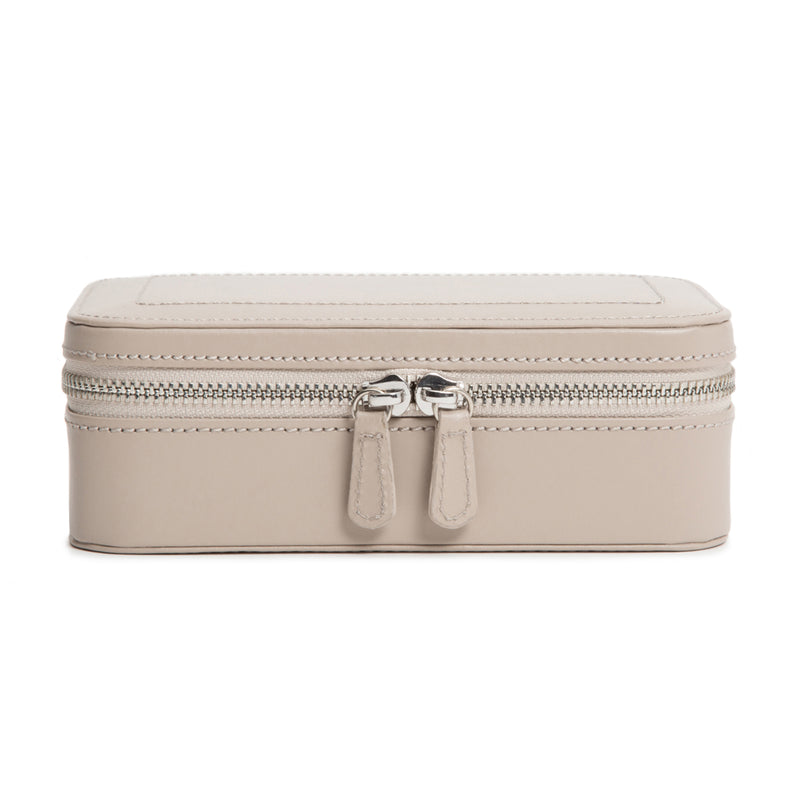 WOLF Sophia jewelry zip case in light mink/beige leather with double zipper pull