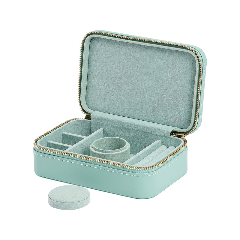 WOLF jade leather jewelry zip case with open compartments and ring slots, teal lining