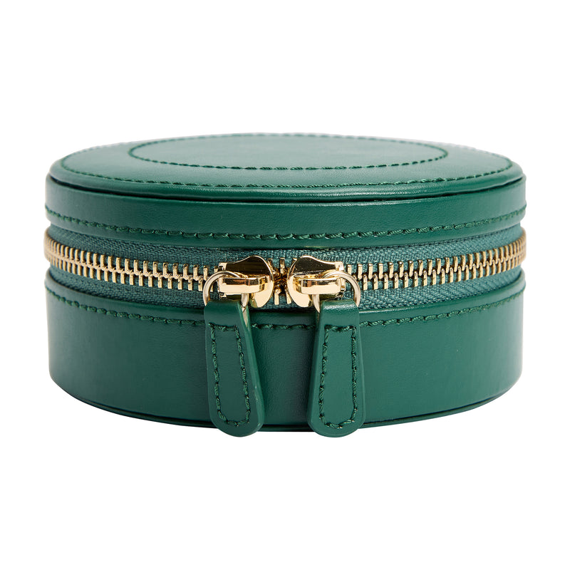 Forest green leather mini jewelry zip case with gold zipper and two pull tabs