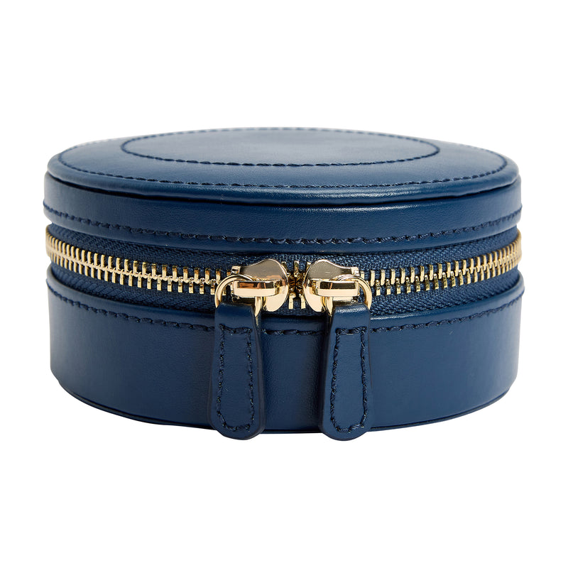WOLF Sophia indigo leather mini jewelry zip case, round with gold zipper and handle loop